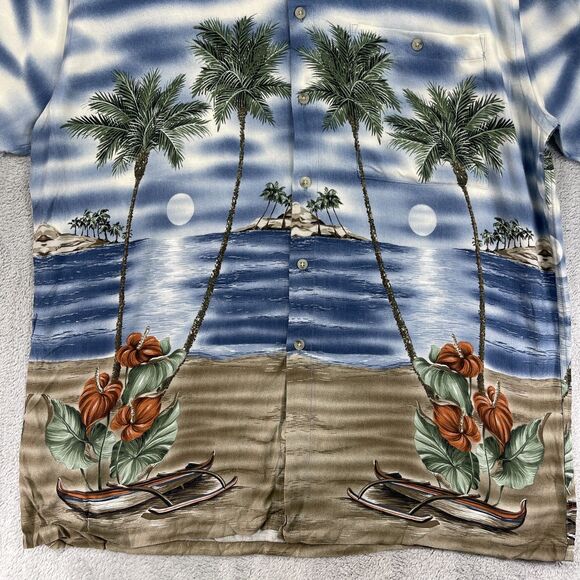 Vintage Pierre Cardin Hawaiian Shirt Mens Large Blue Palm Tree Print Button Up - Picture 4 of 12